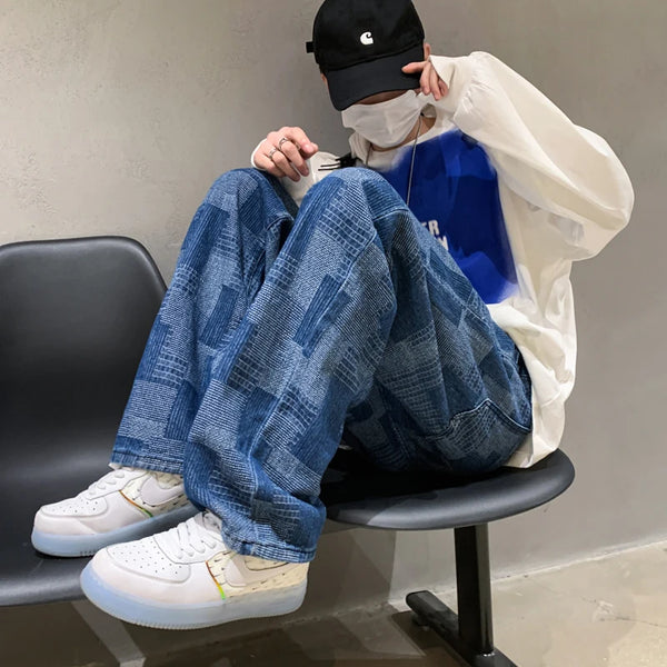 blue black plaid jeans men retro casual wide leg jeans mens streetwear loose hip hop straight denim trousers men vintage jeans denim street jeans