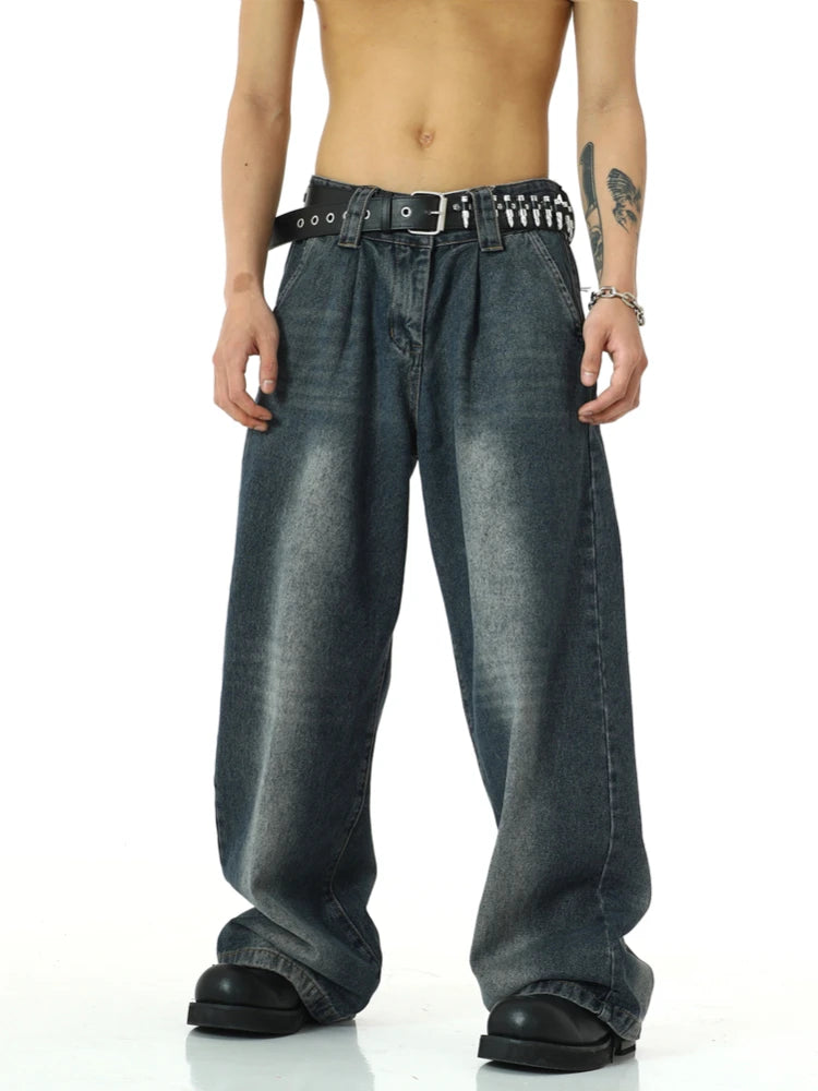 mens high street loose denim jeans unisex casual straight zipper jeans hip hop streetwear casual wide legs joggers baggy jeans unique joggers style 603