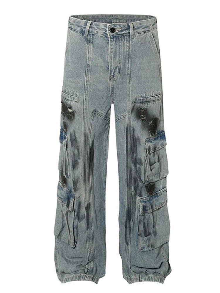 vintage multi pocket jeans mens harajuku cargo denim pants retro hip hop straight loose jean pants men clothing unique cargo style 1278