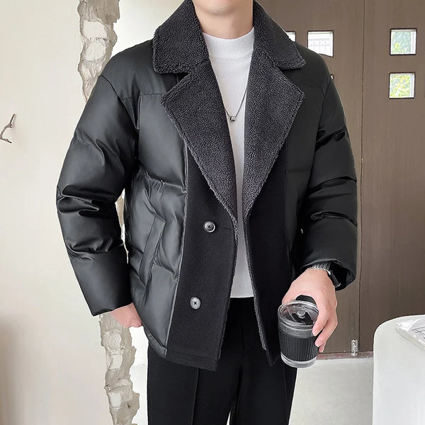 Men Winter Faux Fur Collar Splice Leather Business Casual Cotton-padded Jacket Streetwear Fashion Loose Leather Parka Coat