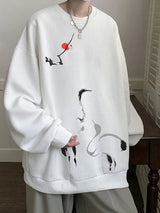 Ink Painting Cartoon Crane Printed Pullover Hoodies For Men 2024 New H