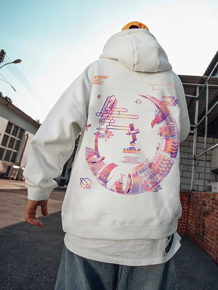 High Street Graffiti Graphic Hoodie Mens Loose Fleece Hoodies Harajuku