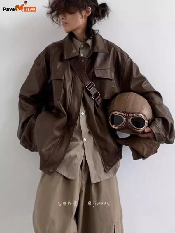 Retro Motorcycle Leather Jacket Men Woman Japanese Loose Streetwear Bomber Jackets Spring Autumn Casual PU Cargo Outwear Unisex