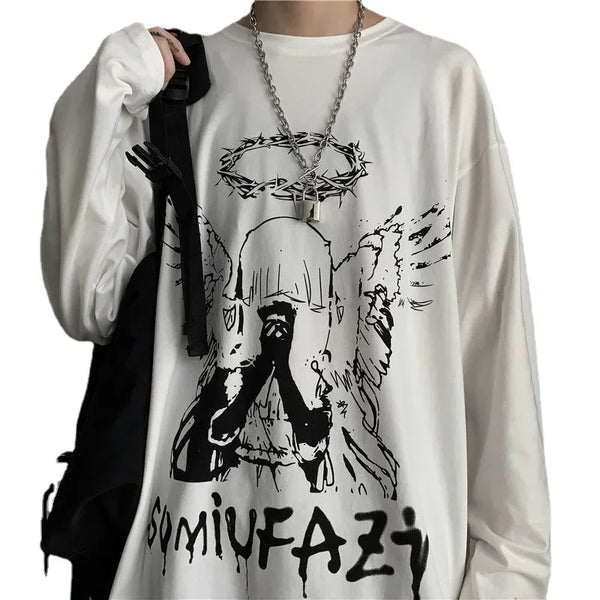 Sadcore Crying angel – T Shirt For Men Autumn Y2K T Shirt Streetwear Oversized Long