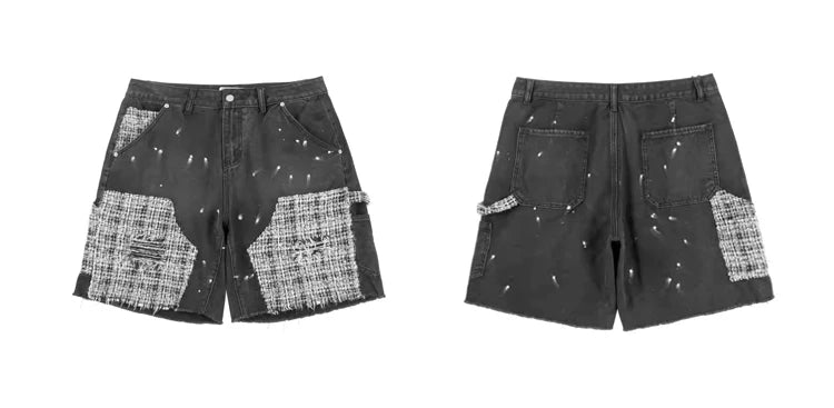 ripped holes patchwork denim jeans shorts mens high street straight short jeans hip hop streetwear casual short joggers pants unique joggers style 740