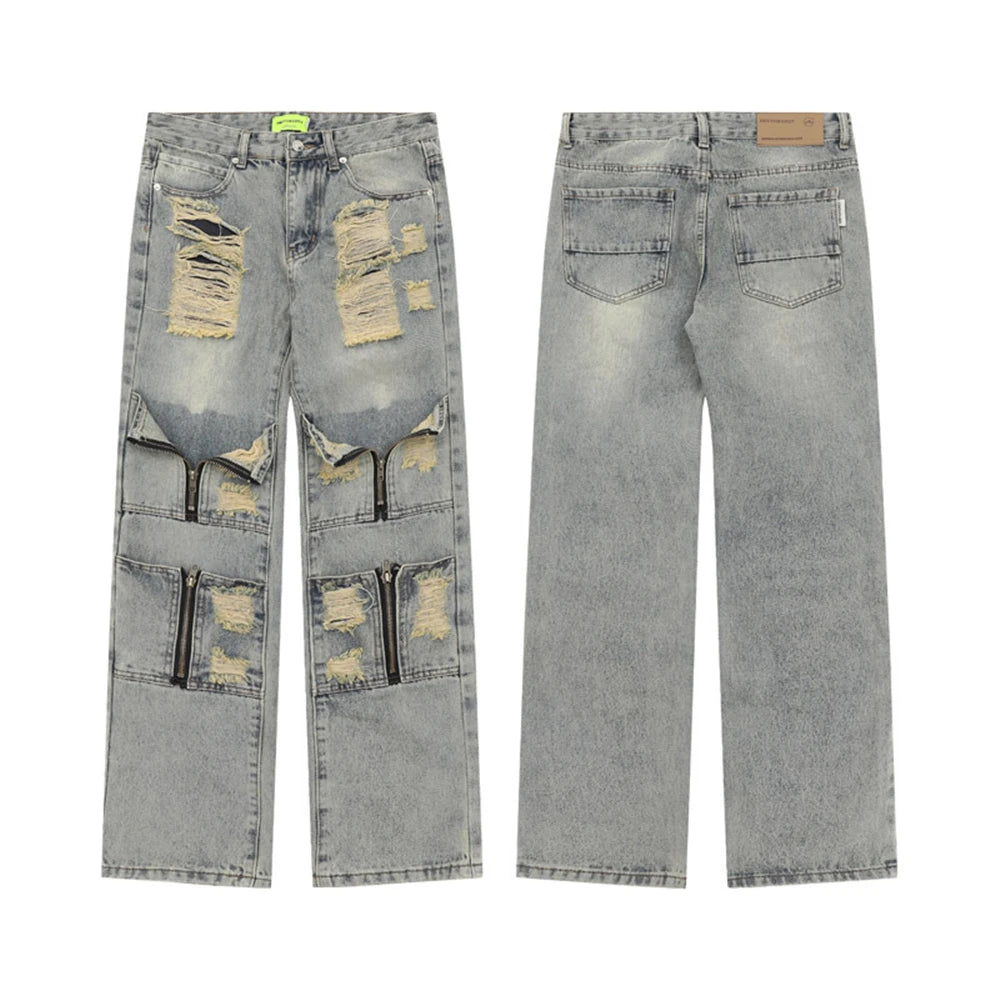 2024 ripped jeans high street straight trousers destroyed hole baggy denim pants vintage retro hip hop 1 unique jeans style 4632