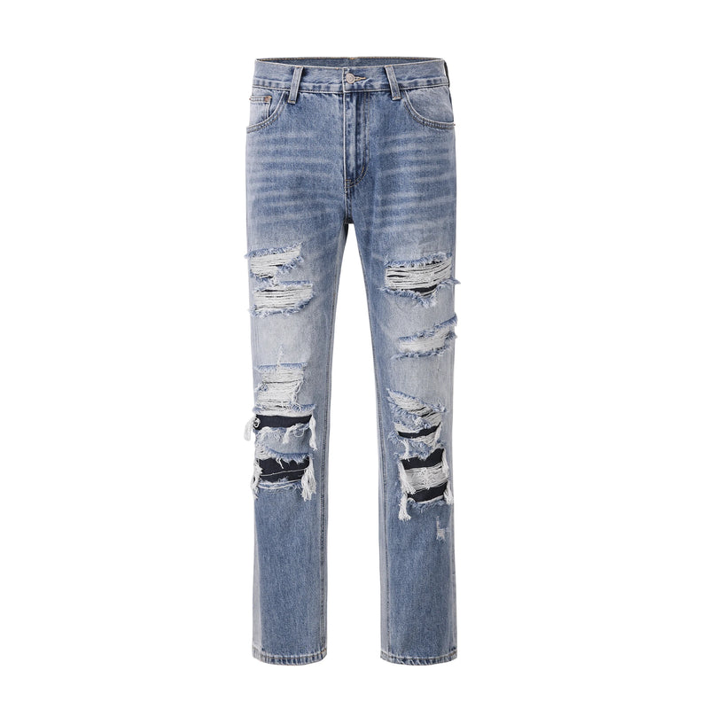 street wear washed hole destroyed skinny jeans denim hip hop blue cylinder male casual slim jeans pants ripped denim trousers unique jeans style 249