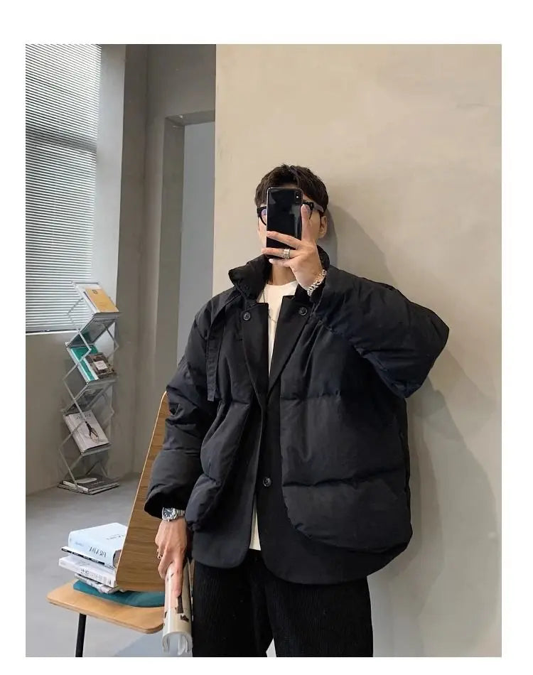Korean street trend men and women retro personality fake two piece design couple winter loose thick casual jacket top harajuku