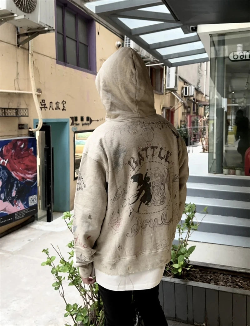 Vintage High Quality Hand Painted Graffiti Printed Washed Fleece Hoodi