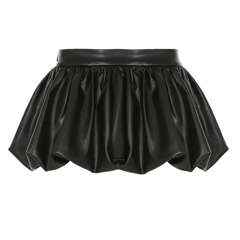 IAMHOTTY European and American Puff Flower Bud Leather Skirt Fashion Solid Color Versatile Leather Short Skirt  y2k skirt