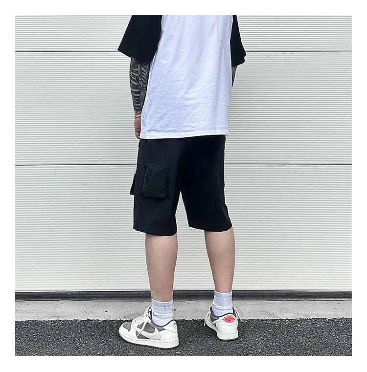 Retro Fashion Vibe Summer Cargo Shorts Functional Pockets Press Glue Zipper Straight Shorts Baggy Casual Split Knee-length