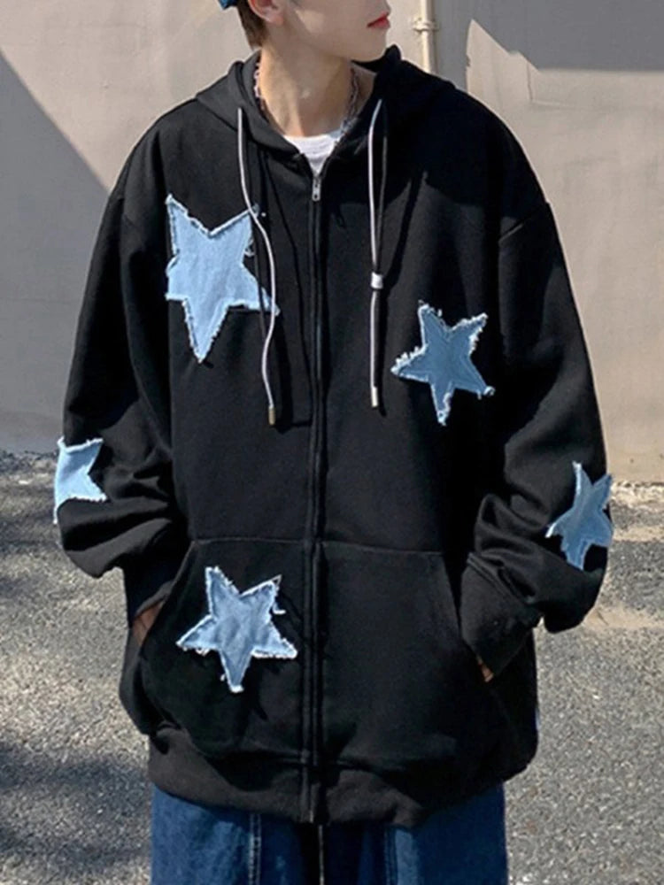 Mens Star Patch Zip Up Hoodie For Men Oversized Y2K Sweatshirt Jacket