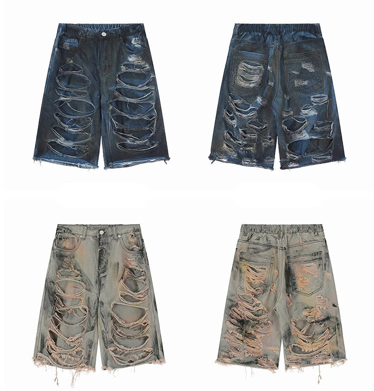 destroy ripped big holes spliced denim jeans shorts hip hop loose short pant harajuku half baggy jeans mens summer casual shorts unique jeans style 2682