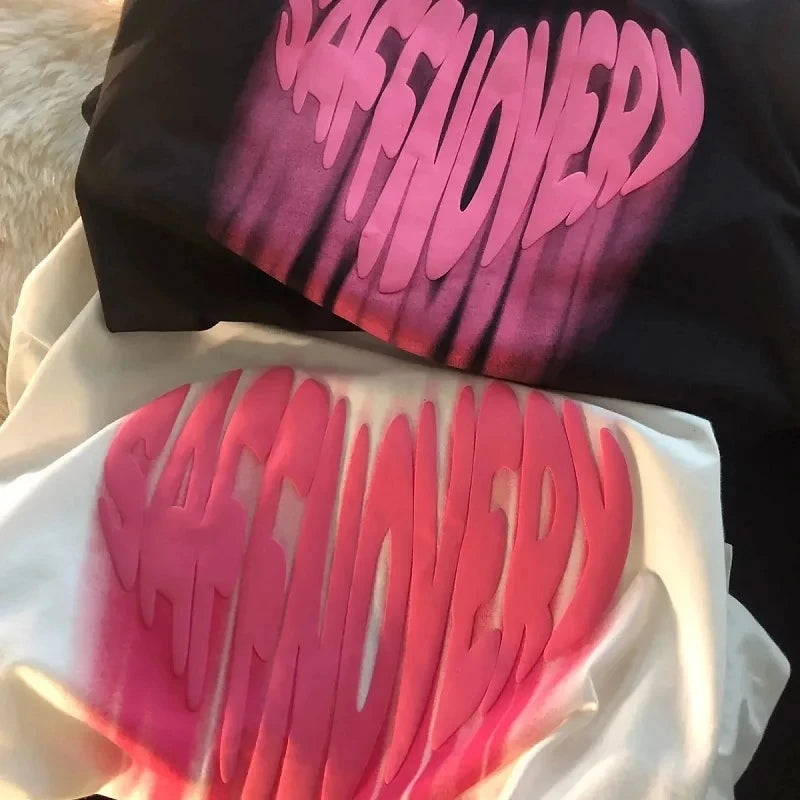 cartoon block print tee with bold manga text and glitch bursts