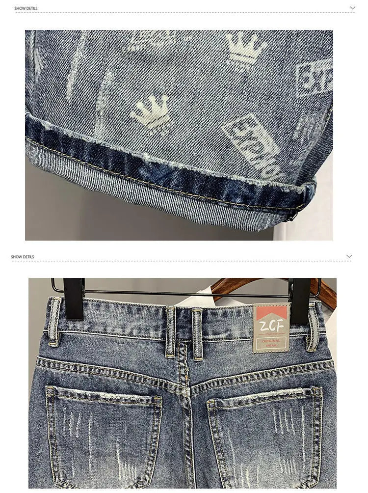22 year denim shorts mens summer korean style printed korean style casual pants unique jeans style 1972