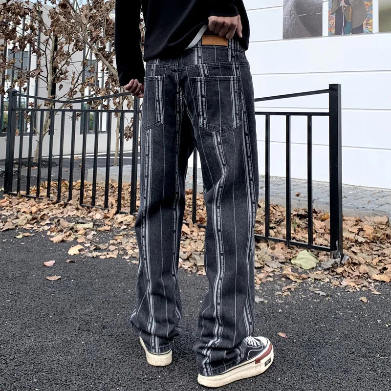 men streetwear brand fashion hip hop loose casual straight stripe motorcycle denim jeans pant cityboy y2k jeans trousers urban skinny jeans