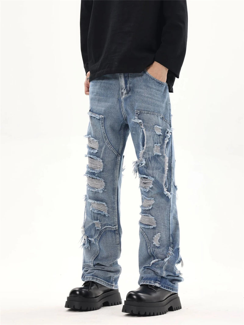 2024 ripped jeans high street straight trousers destroyed hole baggy denim pants vintage retro hip hop unique jeans style 398
