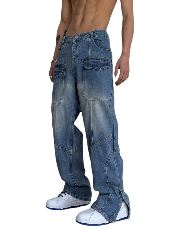 fashion straight denim jean pants unisex casual bottom button open pants high street cargo trousers hip hop zipper joggers men streetwear sweatpants
