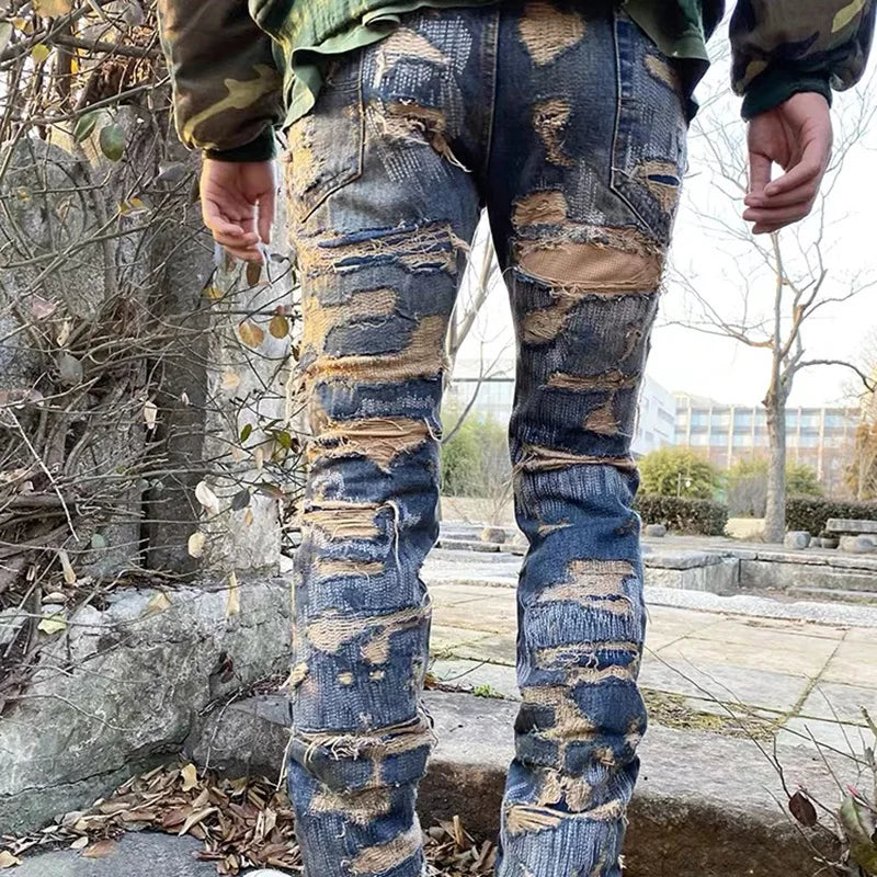 high street hole distressed ripped straight baggy jeans for men washed patchwork casual cargo pants oversized denim trousers multi-pocket cargos