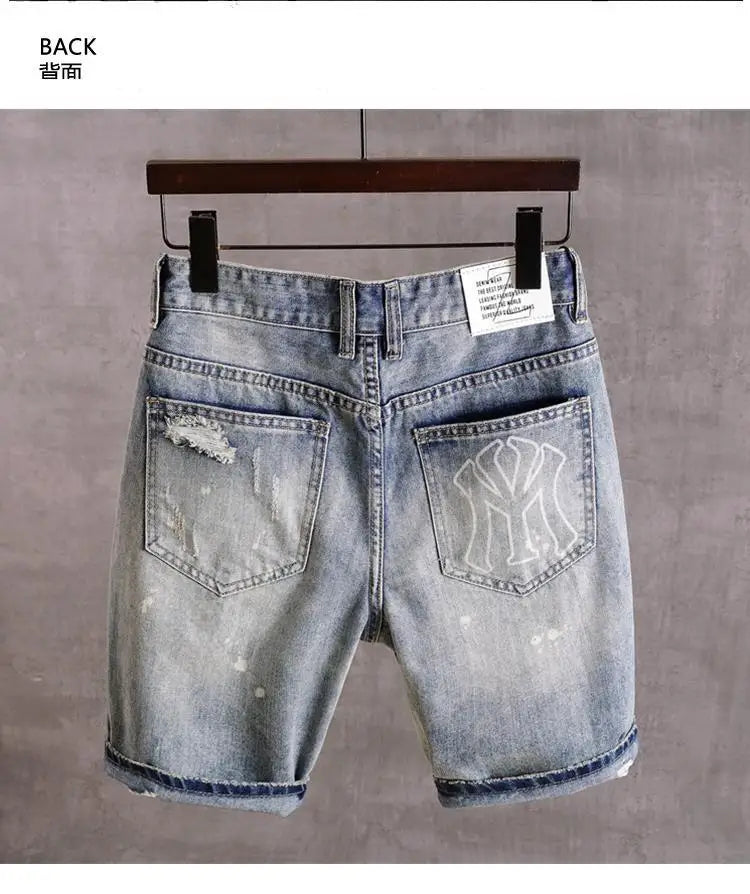 Men's Denim Shorts With Holes Washed Korean Style Straight Quarter  Patch Casual Jeans