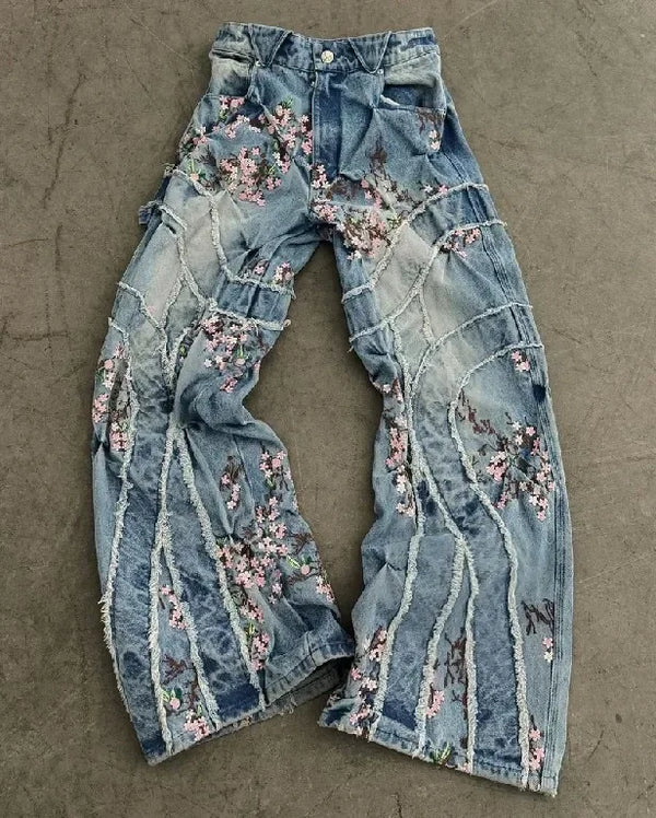 blue jeans for women y2k harajuku hip hop sakura embroidery retro patch heavy baggy jeans high waist wide leg trouser streetwear ripped baggy denim