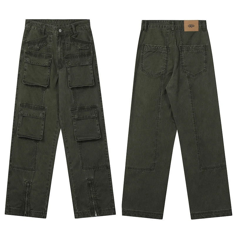 mens loose streetwear cargo straight pants high street casual bottom zipper multi pocket trousers hip hop safari style joggers unique joggers style 3318