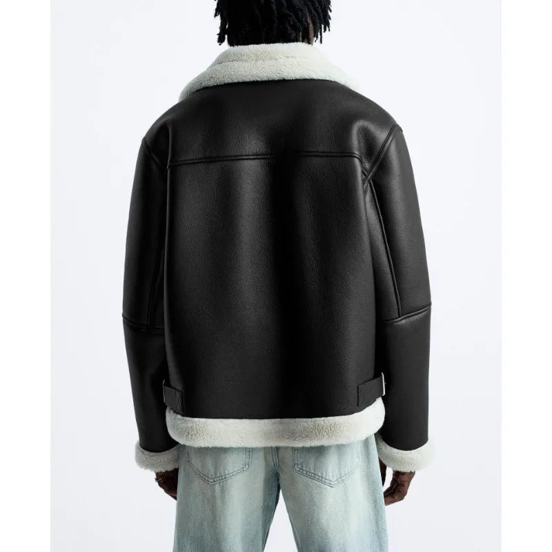 Warm Winter High-quality Lapel Suede Cashmere Piping Double-sided Motorcycle Punk Leather Jacket For Men
