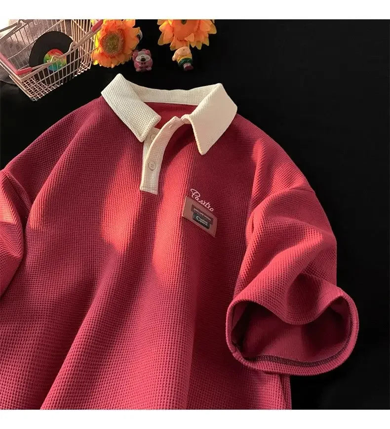 Hip Hop American Street Men and Women Trendy Personality Polo Shirt Short sleeved Summer Waffle Vintage Casual