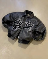 leather varsity jacket, fall winter fit, for men, fall streetwear outfit, oversized style, layered fashion, modern aesthetic, graphic detail
