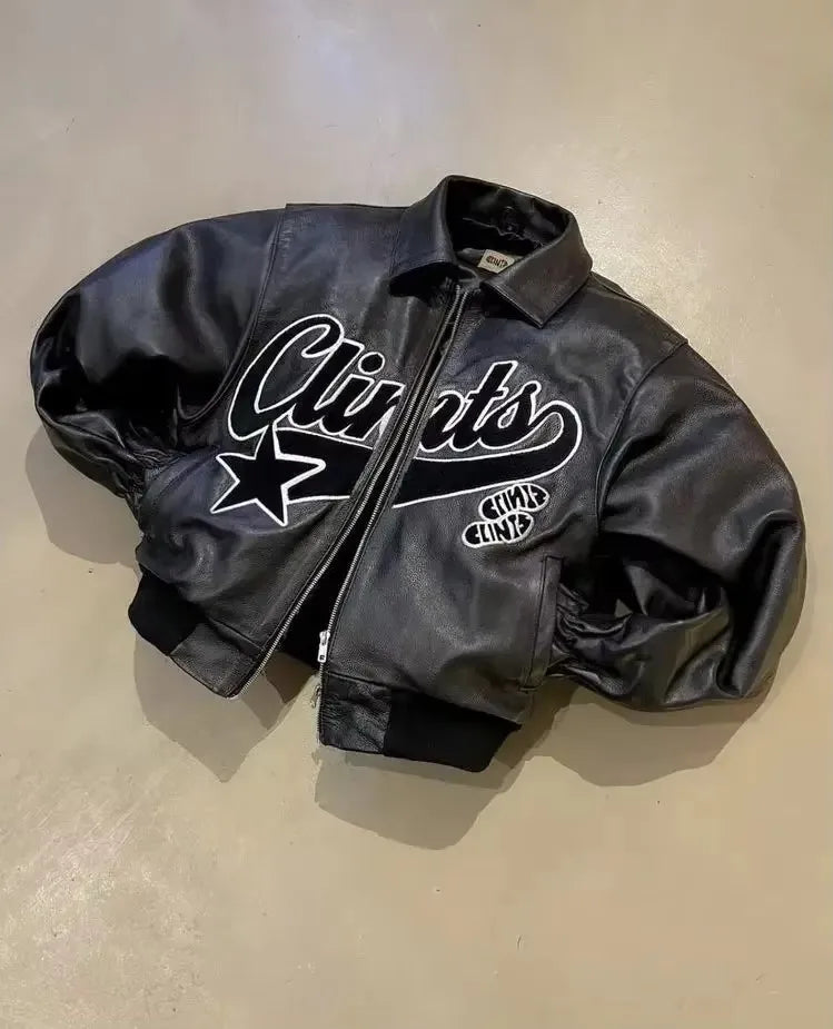 leather varsity jacket, fall winter fit, for men, fall streetwear outfit, oversized style, layered fashion, modern aesthetic, graphic detail