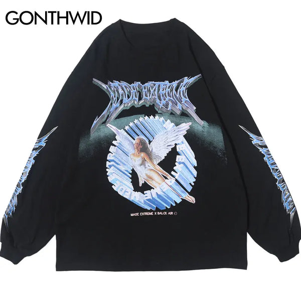 Glitchcore Fashion – Gonthwid Creative 3D Angel Print Long Sleeve Tees Shirts Str – Modern Streetwear for Everyone