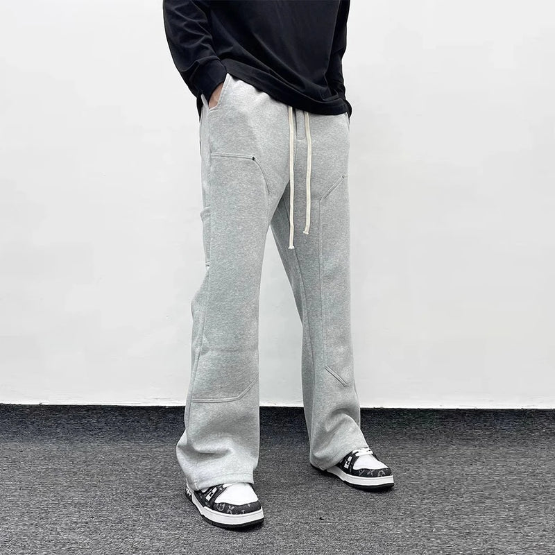 american streetwear gray flared sweatpant men double knee patch micro flare overalls harajuku casual patchwork sweat pants black casual joggers