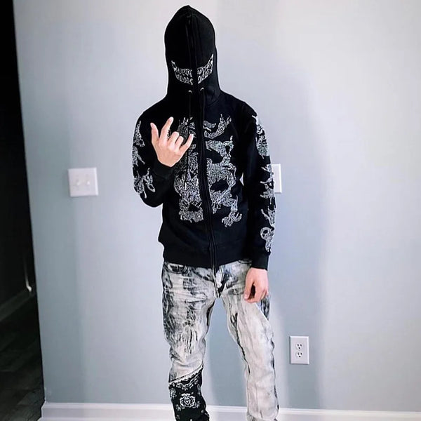 Y2K Rhinestone Skeleton Men Women Grunge Hooded Jacket Zip Up Oversize