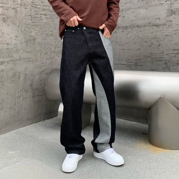 men streetwear splice denim fashion brand hip hop loose casual straight jeans pant cityboy deep blue y2k jeans trousers for men denim street jeans