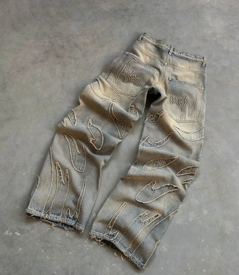 baggy jeans for men y2k hip hop distressed retro black pants oversized embroidery harajuku gothic wide leg trousers streetwear unique jeans style 386