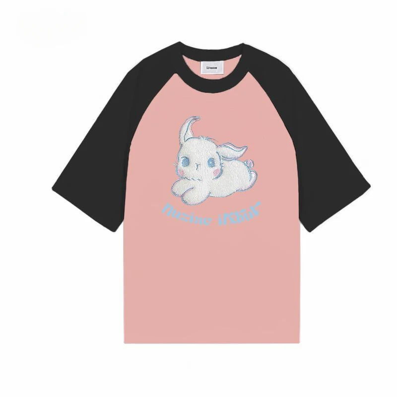 Skatercore Oversized shirt – American Flocking Cute Rabbit Pattern Short Sleeved T Shirt