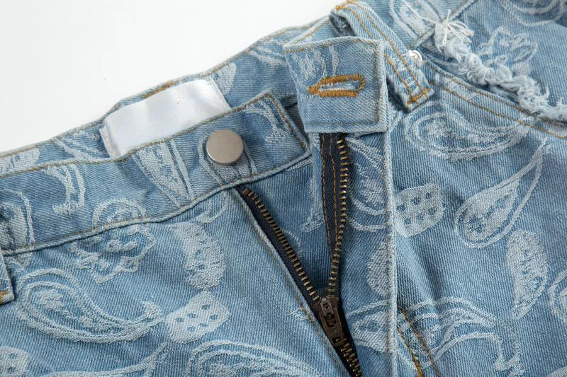 men distressed ripped patchwork paisley denim jean trouser fashion zipper biker jeans streetwear flare pants loose joggers jeans unique joggers style 5041
