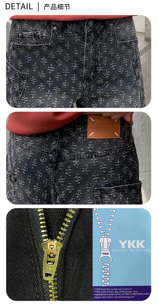 men brand fashion loose casual splice pocket jacquard vintage wide leg baggy jeans cityboy denim baggy jeans pants trousers unique jeans style 2975