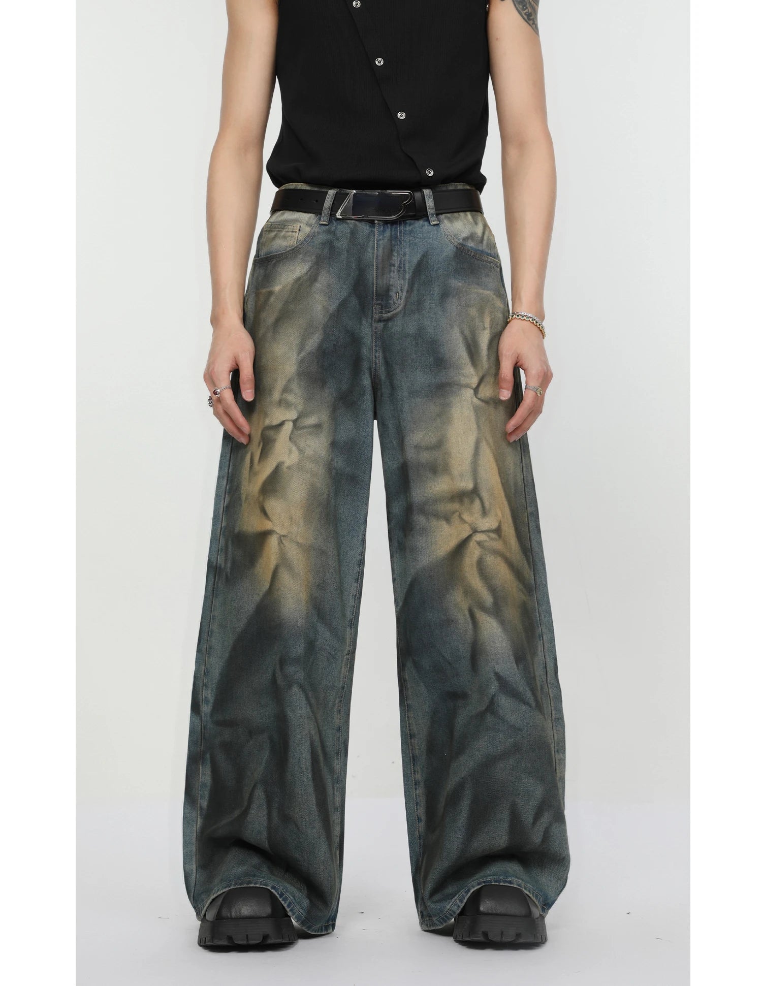 2 pieces sets mens fashion dirty graffiti wide shouder denim jeans jacket coat and wide legs pants joggers new streetwear sets unique joggers style 4582