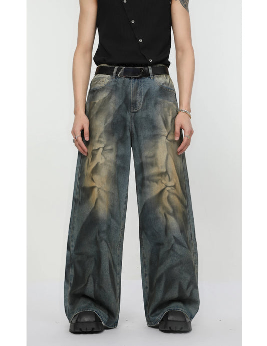 2 pieces sets mens fashion dirty graffiti wide shouder denim jeans jacket coat and wide legs pants joggers new streetwear sets unique joggers style 4582