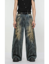 2 pieces sets mens fashion dirty graffiti wide shouder denim jeans jacket coat and wide legs pants joggers new streetwear sets unique joggers style 4582