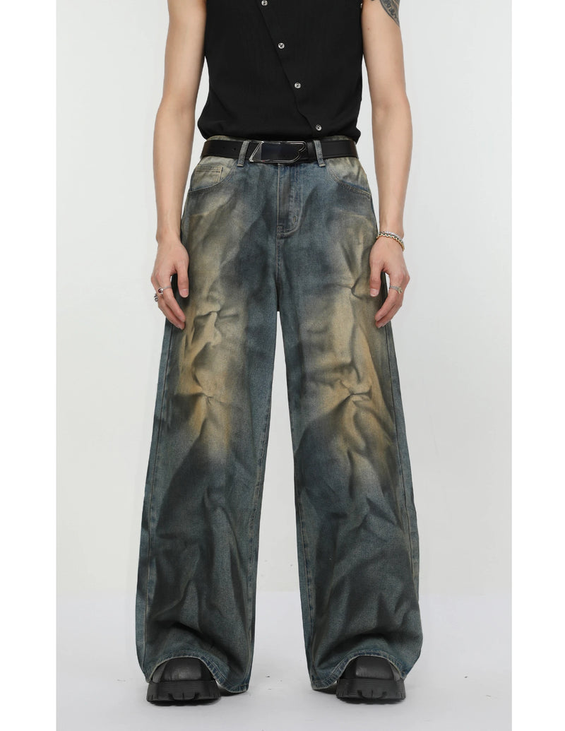 2 pieces sets mens fashion dirty graffiti wide shouder denim jeans jacket coat and wide legs pants joggers new streetwear sets unique joggers style 4582