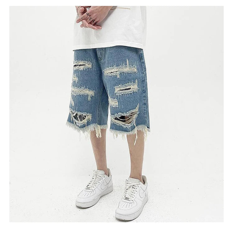 Mens Fashion Denim Jean Shorts Summer Casual Destroyed Ripped Destressed Holes Loose Shorts Hip Hop Streetwear Shorts Joggers