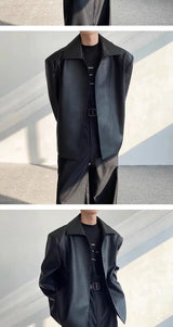 Black Cleanfit Shoulder Padded Leather Casual Jacket Men High End Hand