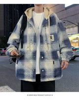 American high street men and women trendy personalized hooded cardigan sweatshirt couple loose retro plaid casual jacket top y2k