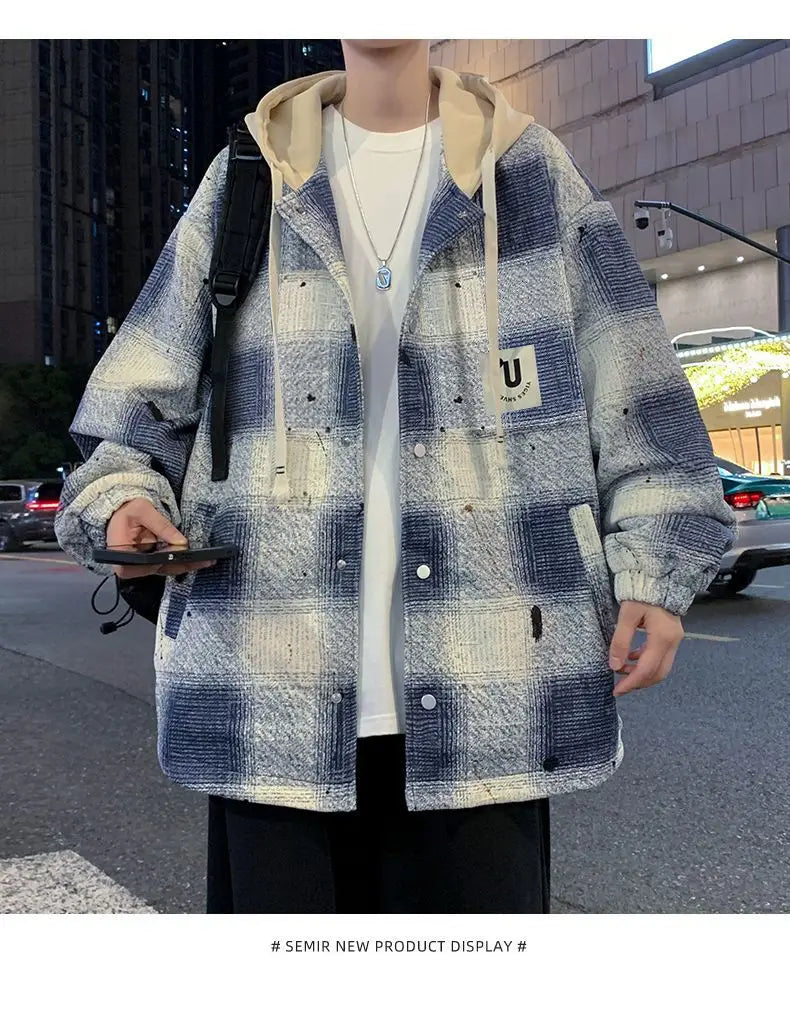 American high street men and women trendy personalized hooded cardigan sweatshirt couple loose retro plaid casual jacket top y2k