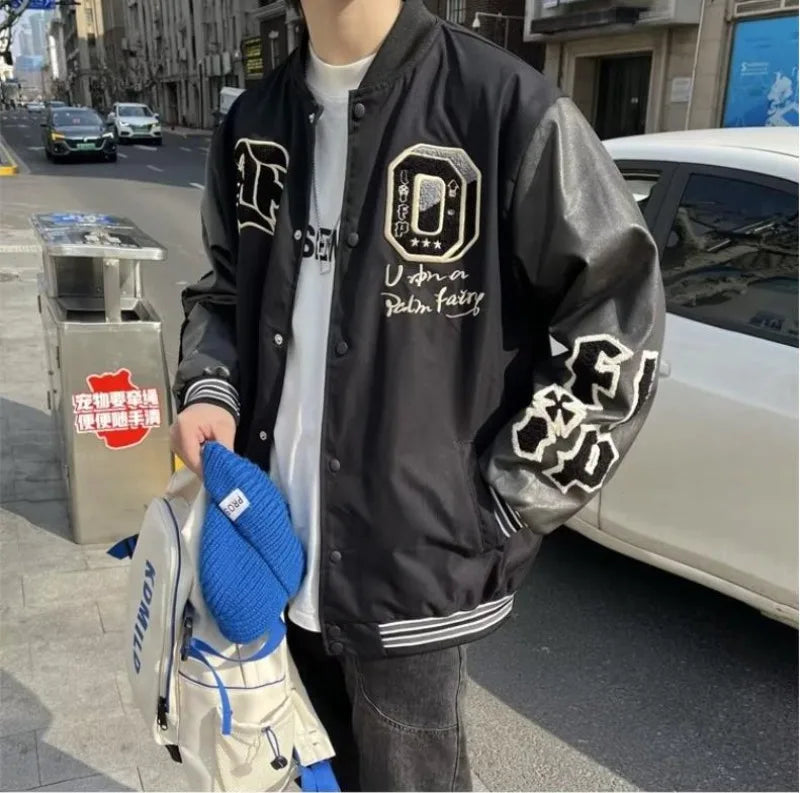 leather varsity jacket, cold weather layer, hip hop