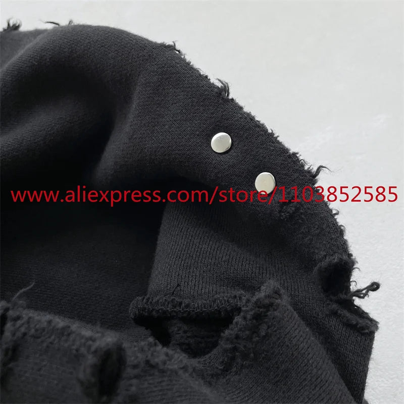 2024 Autumn Winter High Street Basic Vintage Damaged Hole Loose Hoodie