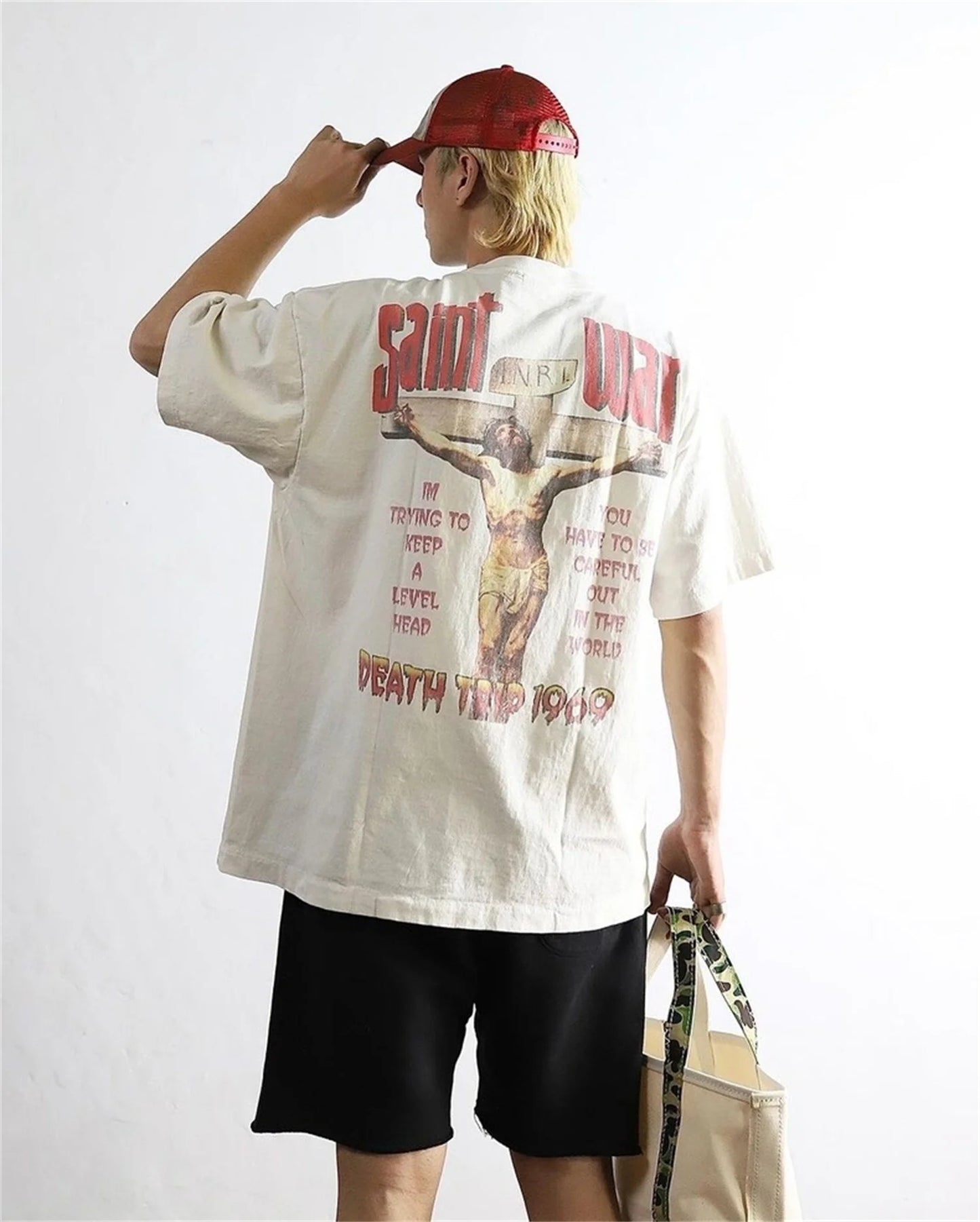 24SS New Vintage Retro Cross Printing Washed Distressed Short Sleeves T-Shirt Tops