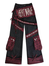 embroidered patchwork red checkered multi pocket jeans with high waist and slimming effect floor length pants baggy jeans women unique jeans style 2583